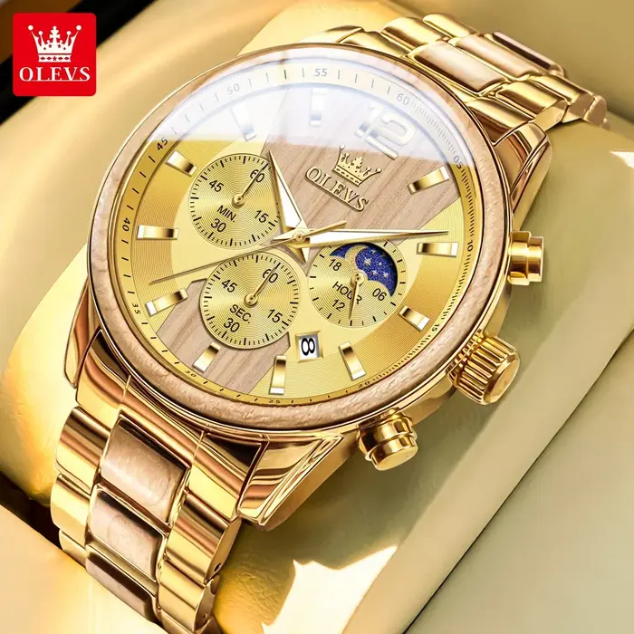 OLEVS 3645 hommes montre en bois de luxe veilleuse multifonctionnelle chronographe