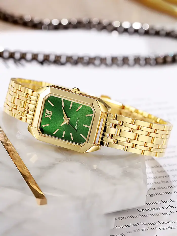Montre carrée verte avec bracelet, collier et boucles d'oreilles pour femme occasions spéciales et quotidien