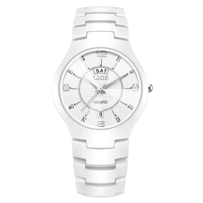 LIGE Nouvelle montre pour femme en céramique, élégante, avec calendrier hebdomadaire, montre-bracele