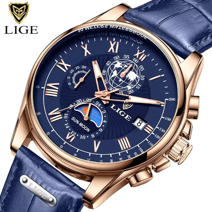 LIGE – montre-bracelet en cuir bleu pour hommes