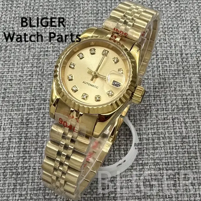BLIGER 26mm montre mécanique pour femme cadran entièrement en or/or Rose index diamant verre saphir bracelet en acier inoxydable mouvement NH05