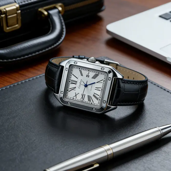 Montre BLUO en acier inoxydable avec chiffres romains carrés et bracelet en cuir pour homme occasions spéciales élégante et pratique