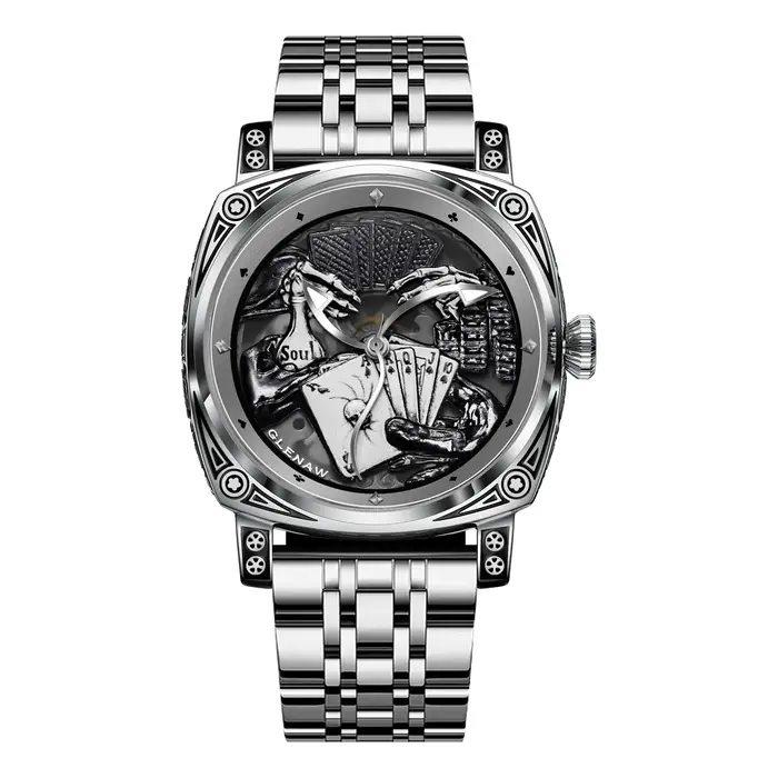 Montre Glenaw Poker Série Top en acier inoxydable pour homme résistante à l'eau et au choc mode et décontracté occasions spéciales et quotidiennes