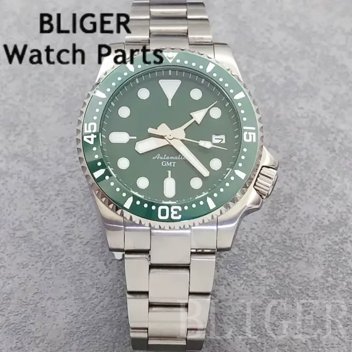 BLIGER 40mm GMT montre pour hommes NH34 mouvement automatique 3.8 couronne cadran vert insérer 10Bar étanche nouveau