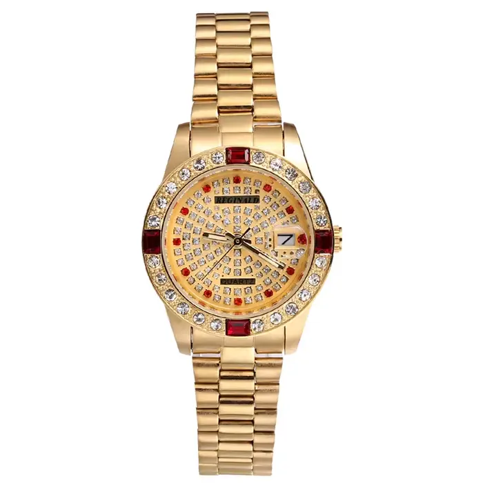 REGINALD – montre-bracelet pour femmes, couleur or, Date, cristal, style, robe, horloge, étanche
