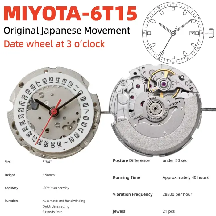 Mouvement de montre mécanique Miyota 6T15 japonais pour femme, petite taille, 21 rubis, mécanisme à 