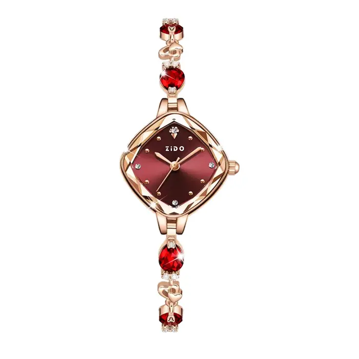 Montre pour femme de marque rouge, luxe et élégance, avec bracelet en métal et cristaux de diamant, 