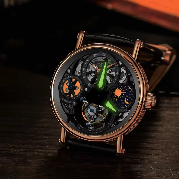 Aiguilles de montre lumineuses vertes en forme d'engrenage