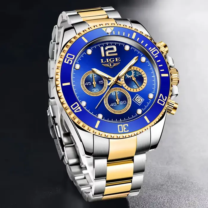 Montre homme LIGE acier inoxydable avec chronographe et résistance à l'eau pour homme occasionnels spéciaux quartz élégante à offrir