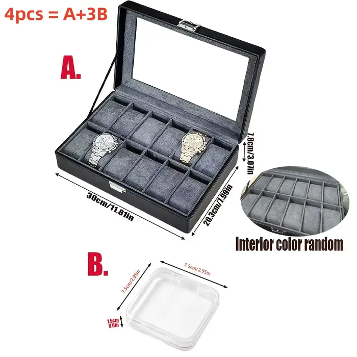 Boîte à montres en simili cuir de luxe à 12 emplacements avec serrure ensemble de 4 présentoirs à montres haut de gamme coffret à bijoux pour bracelets pour hommes occasions spéciales cadeau anniversaire fête des pères collectionneurs montres