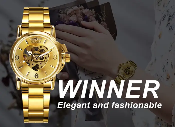 Montre T-Winner automatique pour femmes élégante squelette doré bracelet acier inoxydable pour événements sportifs et occasions spéciales