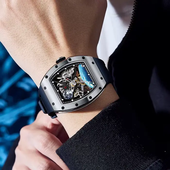 Montre mécanique automatique sportive BONEST GATTI avec cadran squelette et bracelet en silicone pour homme occasions spéciales et sportives