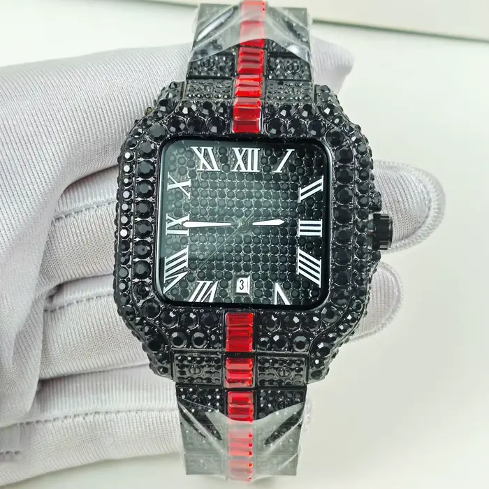 Montre à quartz noire de haute qualité, style hip-hop, entièrement sertie de diamants, pour homme, m