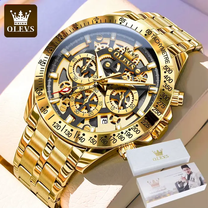 Montre OLEVS en acier inoxydable avec chronographe pour hommes résistante à l'eau et avec calendrier complet occassions spéciales et quotidienne