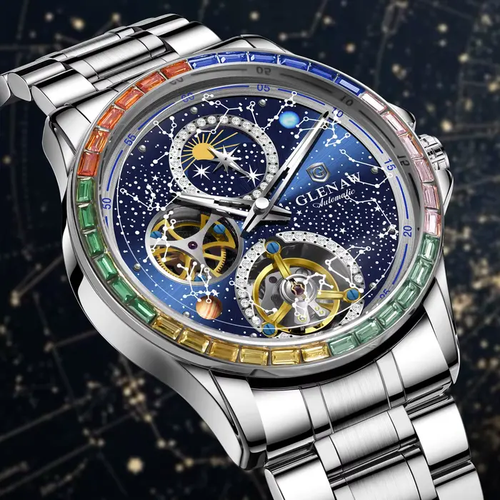 Montre GLENAW Design 2026 Constellation Dial Arc-en-Ciel Lumineuse et Étanche pour Hommes Occasions Spéciales