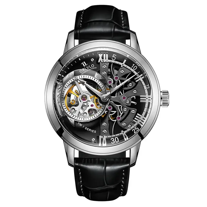 OBLVLO luxe rétro 45mm cadran squelette montres automatiques pour hommes bracelet en cuir de veau cristal minéral étanche montre mécanique VM