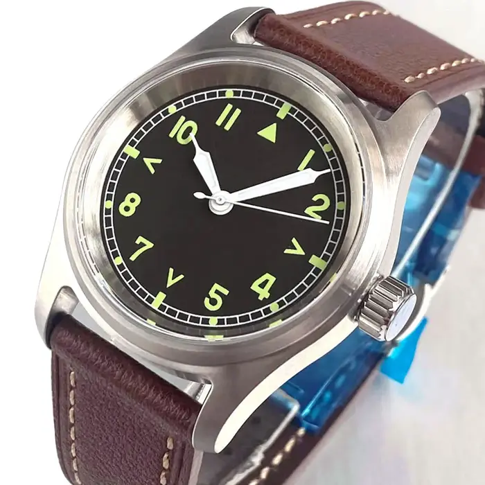 Miyota 8215 Movt 36mm montre automatique pilote classique pour homme cadran noir verre saphir montres mécaniques bracelet en cuir lumineux