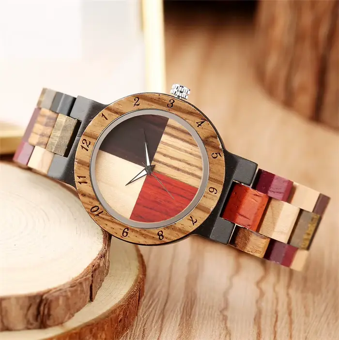 Bracelet en bois montre-Bracelet à Quartz pour femme 4 couleurs cadran mixte naturel entièrement