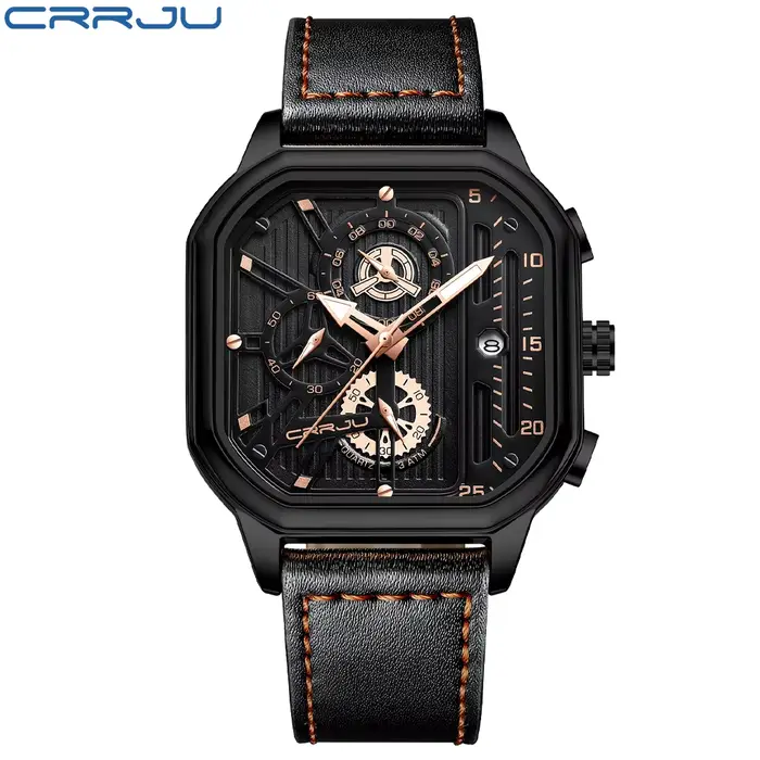 CRRJU mode cadran carré en cuir hommes montres de luxe Sport montre étanche Homme chronographe Quartz