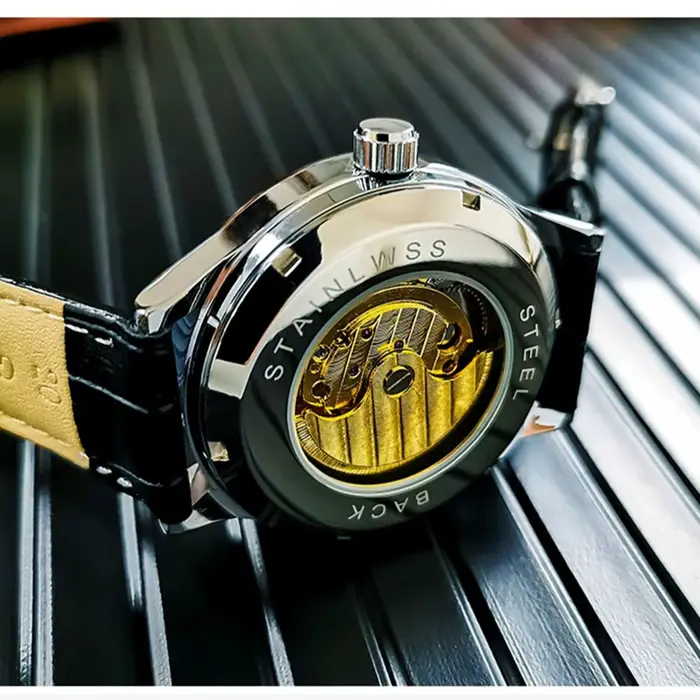 AOKULASIC Tourbillon hommes montres haut de gamme de luxe squelette automatique montre mécanique bracelet en cuir décontracté Phase solaire mâle horloge