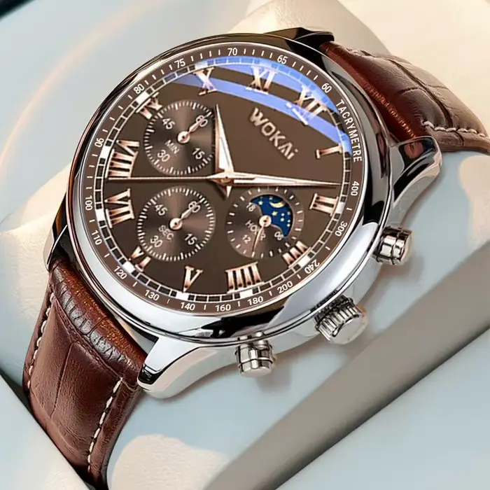 Montre homme en acier inoxydable avec bracelet en cuir marron pour hommes élégants et décontractés toutes occasions