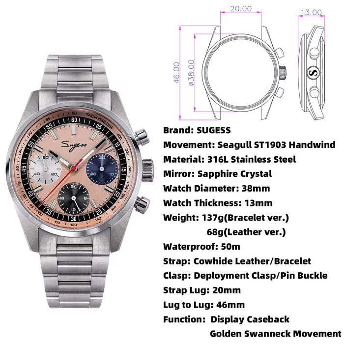 Montre SUGESS édition limitée avec mouvement Seagul ST1903 pour homme occasionnels spéciaux résistante à l'eau et chronographe lumineux
