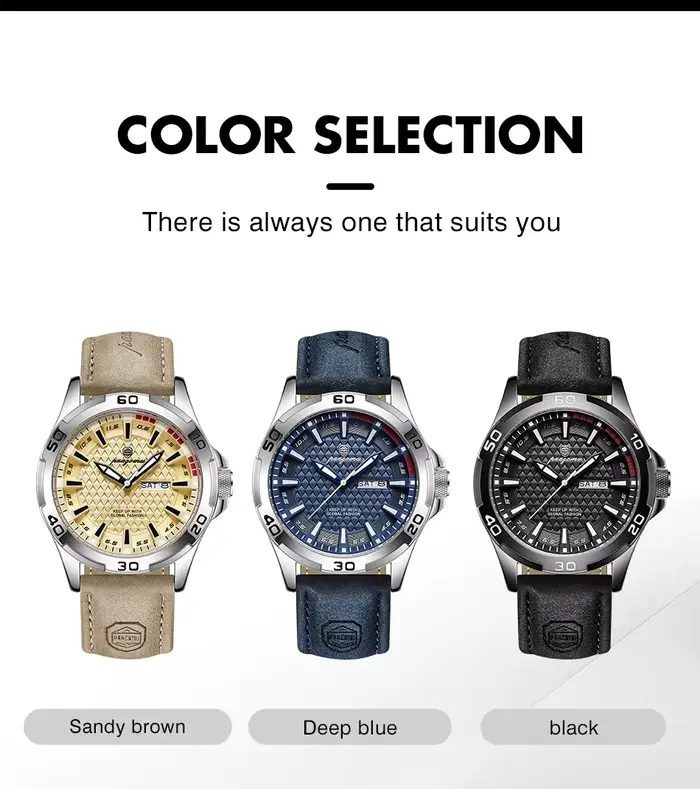 Montre PAAZOMU en alliage avec bracelet en cuir pour homme, résistante à l'eau, design luxueux et militariste, mouvement à quartz, calendrier complet, mains luminescentes