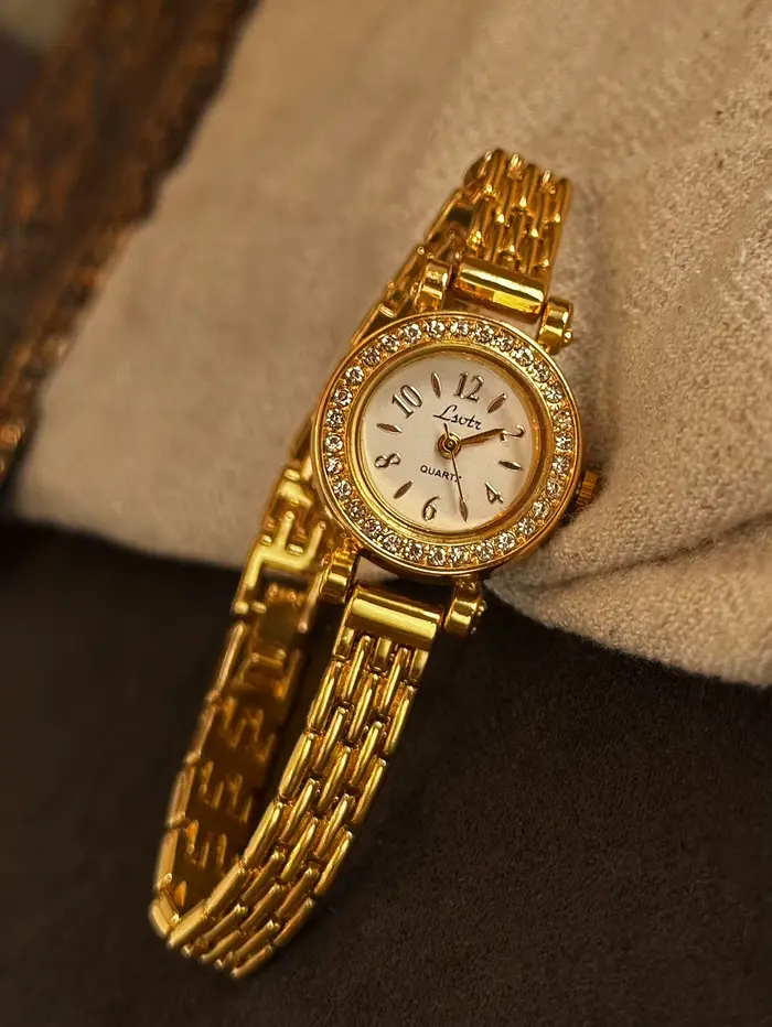 1 pièce de nouvelle montre vintage de style français avec incrustation de strass, couleur or, exquis