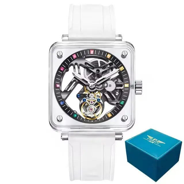 PINDU véritable Tourbillon mouvement saphir miroir hommes montres boîtier Transparent bracelet en caoutchouc étanche