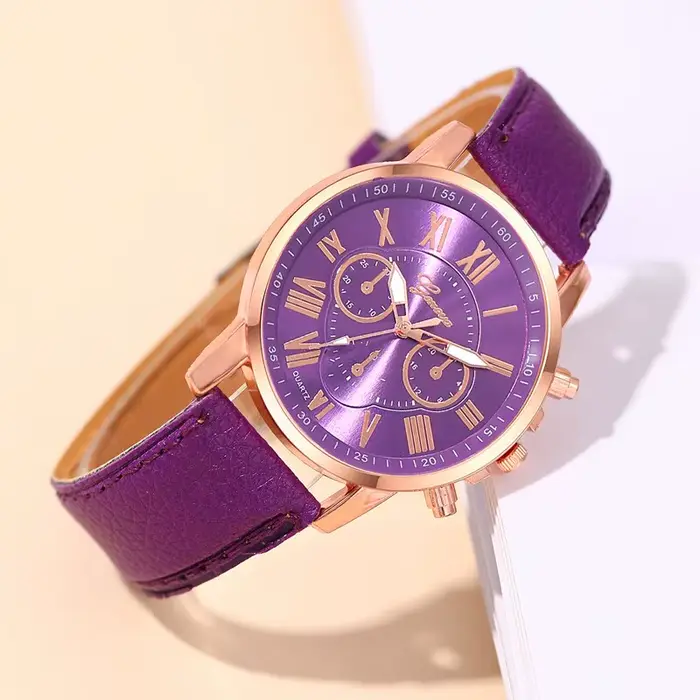 Reloj Mujer Mode Femmes Montres Dames Violet En Cuir Quartz Montre-Bracelet