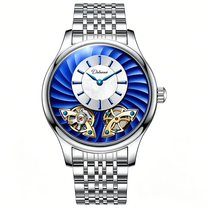 Montre pour homme avec double tourbillon rotatif bleu