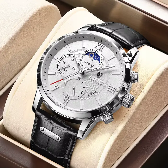 Montre Homme LIGE 2026 – Marque de Luxe, Décontractée, en Cuir, Phase de Lune 24h, Sportive, Étanche