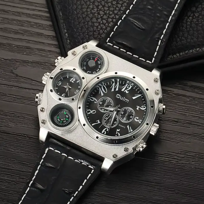 Montre Oulm Unique pour Hommes Style Sportive Fuseau Horaire Multiple Bracelet en Cuir Occasions Aventures Militaires