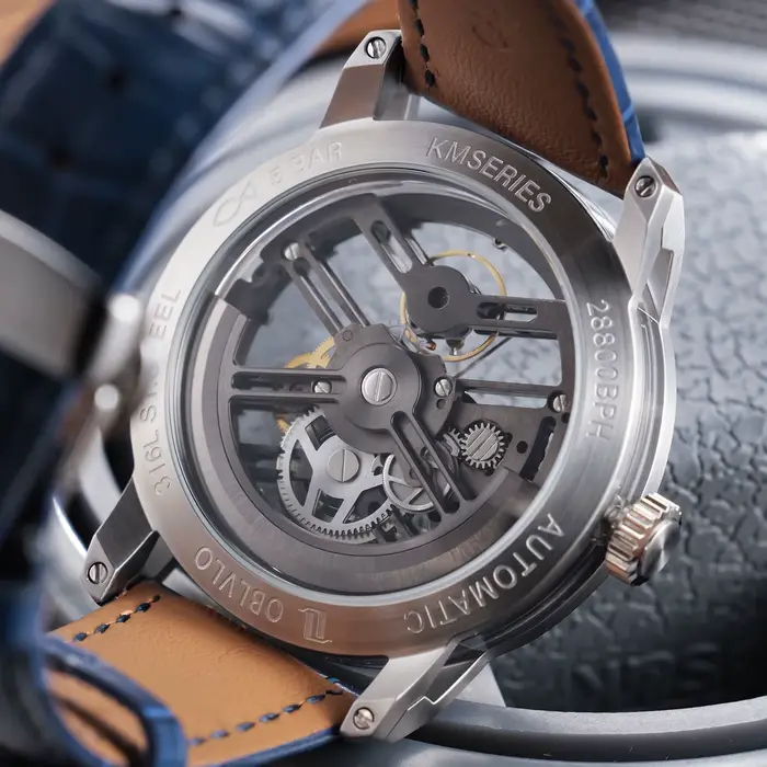 OBLVLO nouveau évider Transparent mécanique automatique hommes montre bleu squelette cadran bracelet en cuir lumineux classique montres KM-S