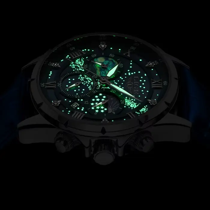 Montre classique en cuir bleu style militaire chronographe à quartz pour hommes occasions spéciales防水防震军旅风格男表