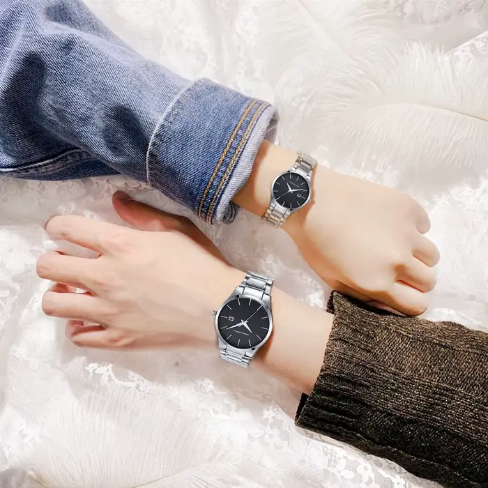 Montre à Quartz en Acier Inoxydable Noir pour Homme et Femme