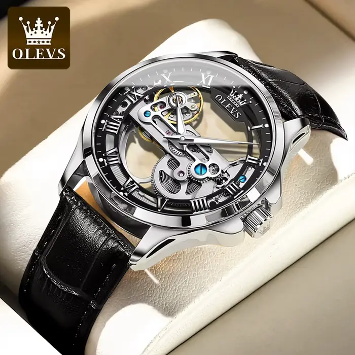 OLEVS 6661 montre homme squelette automatique montre mécanique bracelet en cuir Transparent étanche 