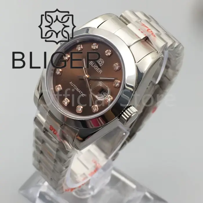 BLIGER 31m montre pour femme verre saphir or Rose marron blanc cadran nacre avec argent or diamant Index étanche Date