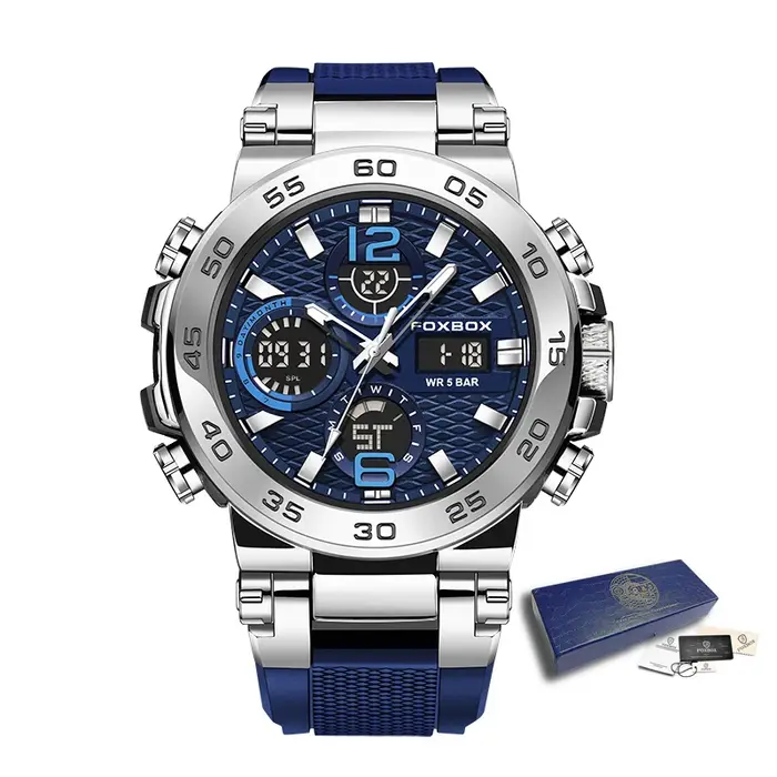 FOXBOX Top marque montre de sport pour homme Quartz numérique militaire montre-bracelet 50 M étanche lumineux hommes