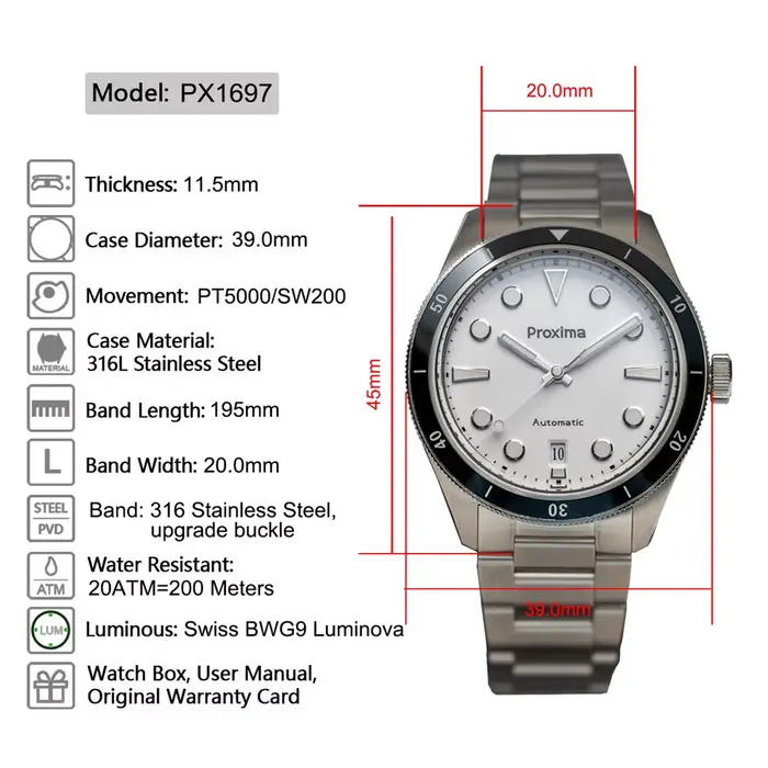 Montre Mécanique Vintage Proxima avec Bracelet en Acier 316L et Dial en Émail Blanc pour Occasions Spéciales et Usage Daily