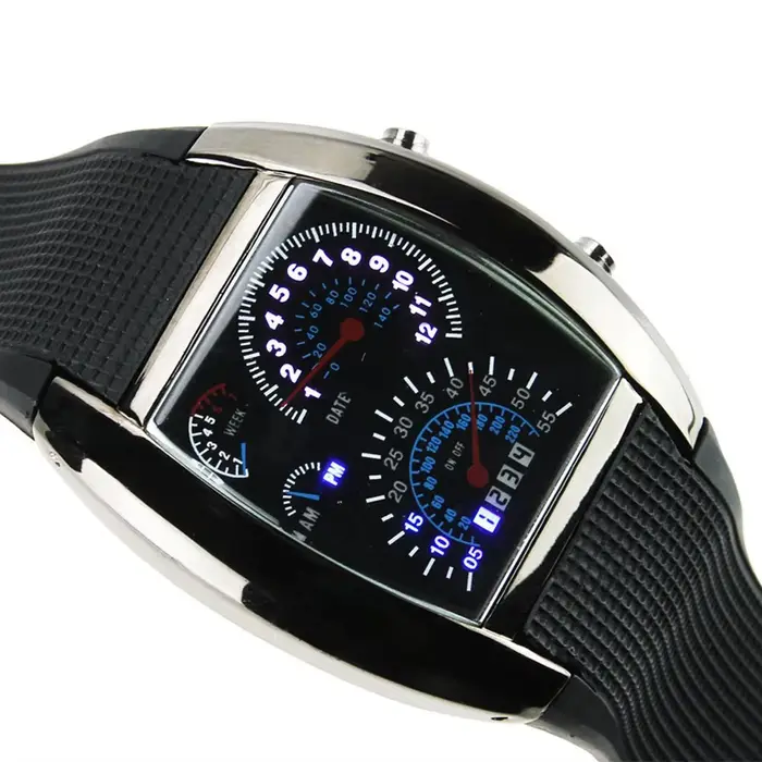 Montre d'aviation étanche noire unisexe, montre-bracelet Led, cadran bleu, alliage d'acier inoxydabl