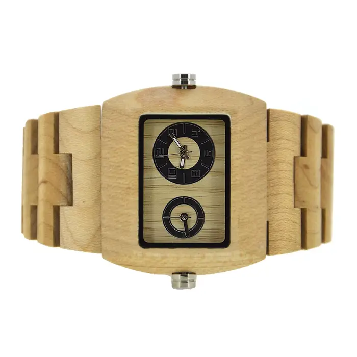 Montre Bracelet Homme en Bois Cadran Carré Rectangulaire Double Affichage Heure Quartz Style Professionnel Décontracté