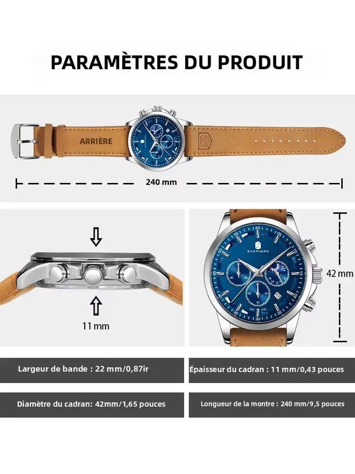 Montre homme Sapphero Sapphire Clock élégante résistante à l'eau bracelet cuir pour affaires voyage polyvalente
