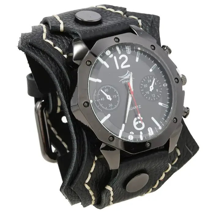 Montre Punk Vintage pour hommes, multicouche, cousue à la main, bracelet en cuir de vache, grand cad
