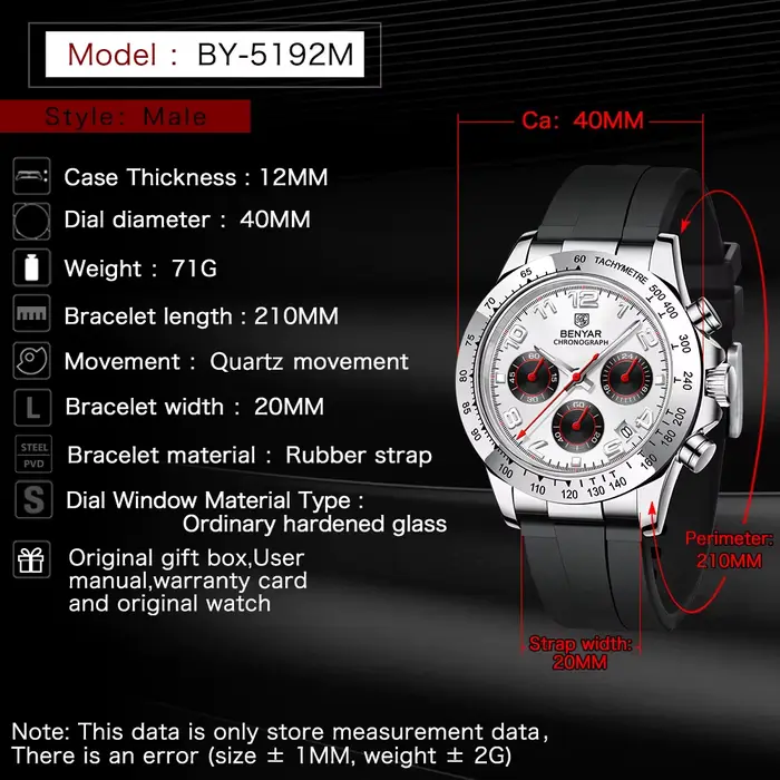 Montre de sport en acier inoxydable BENYAR avec chronographe résistant à l'eau pour homme, plongeur, date automatique, aiguilles lumineuses, style luxueux, pour diverses occasions et activités sportives