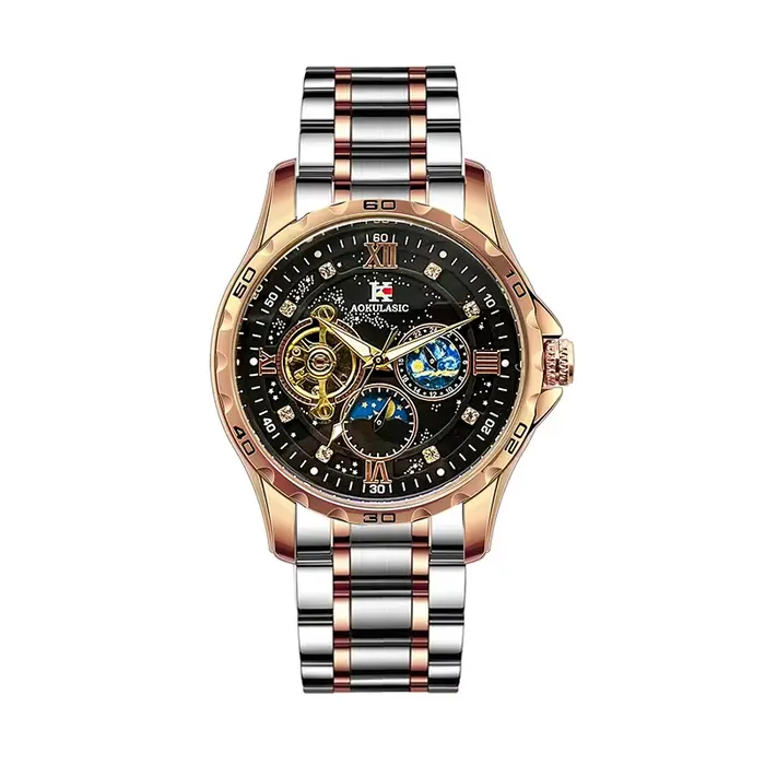 Montre multifonctionnelle homme automatique avec phase de lune lumineuse cadran 43mm résistante à l'eau occassions spéciales