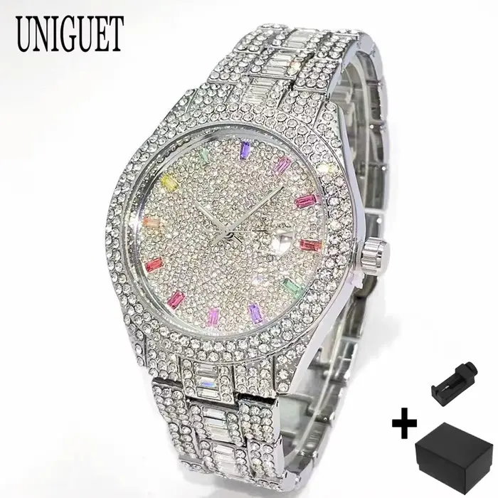 UNIGUET mode montre de glace pour hommes de luxe argent Quartz horloge Hip Hop couleur diamant bijou