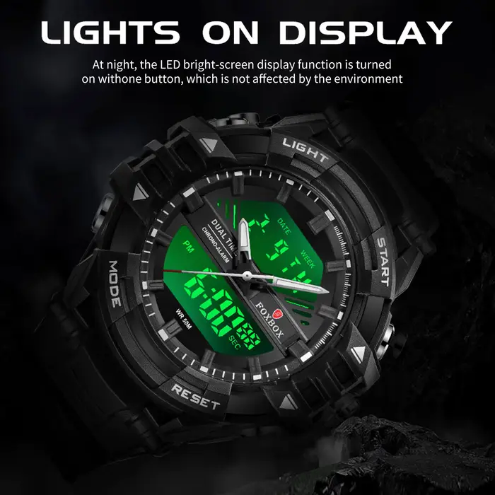 Montre électronique extérieure homme mode sport décontracté affichage double heure en silicone étanche 5 bars alarme chronographe