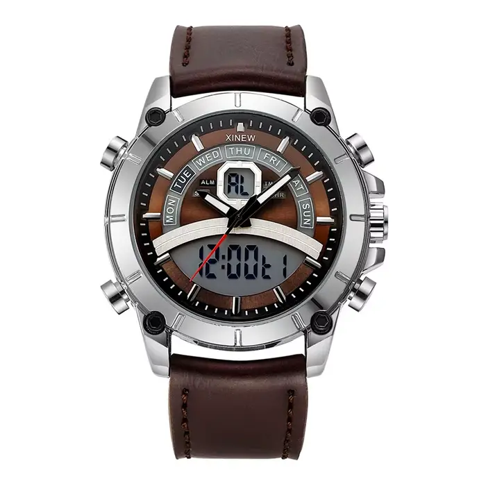 Hommes grande marque XINEW montres étudiants mode bracelet en cuir sport multi-fonction double temps