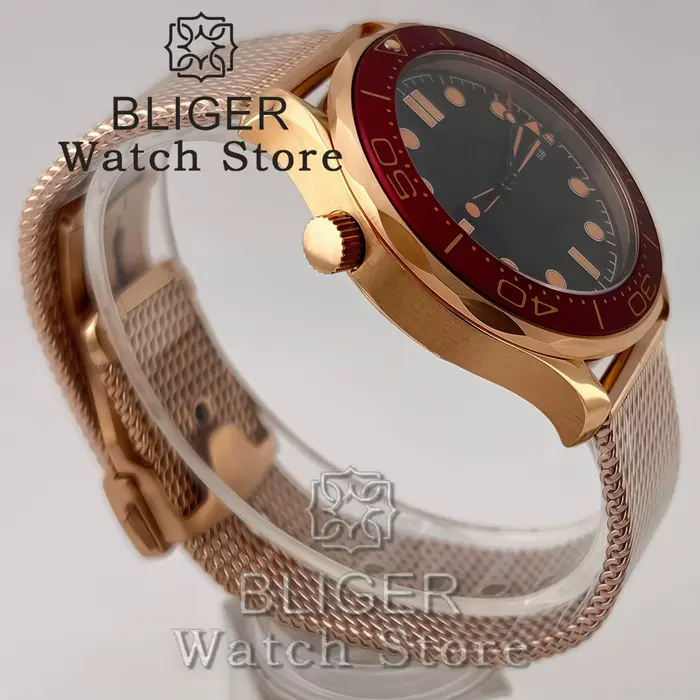 Montre de plongée mécanique BLIGER Vintage Bronze Or Rose 41mm pour homme NH35 PT5000 007 NTTD 100m avec lunette rouge bordeaux et bracelet en maille